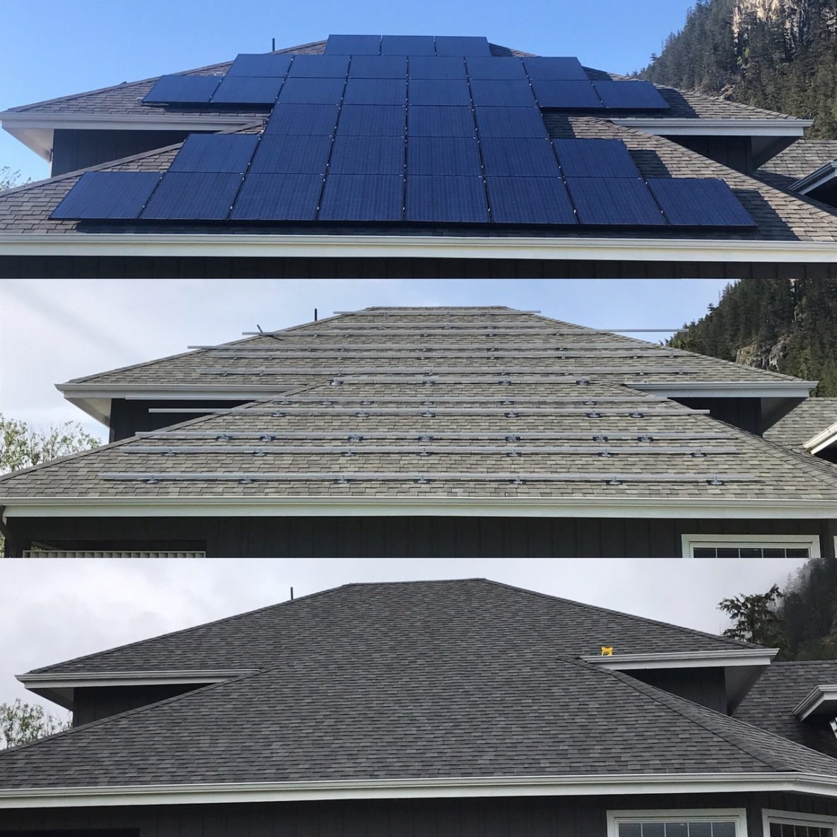 A before and after photos of a home roof with solar panels in Squamish